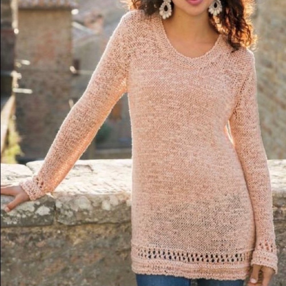 Soft Surroundings Sweater Dune Knit Pullover Blush Pink Open Crochet Trim L